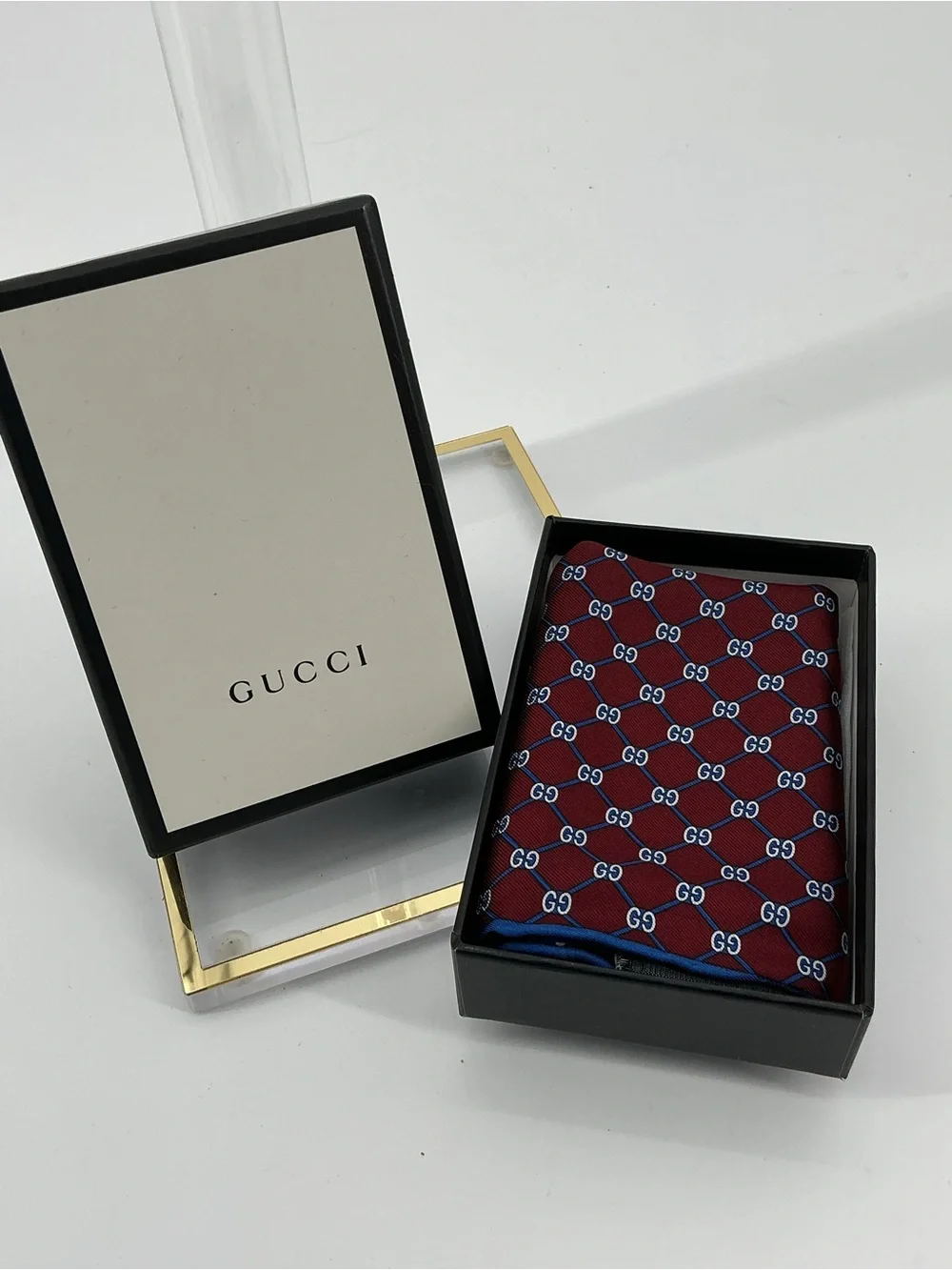 Gucci GG Monogram Silk Pocket Square Scarf Bordeaux Blue 45x45cm NWT Box